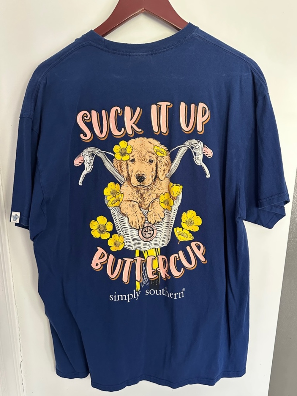 Simply Southern Navy Puppy Basket Graphic Tee with Yellow Flowers